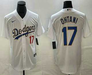 Men%27s Los Angeles Dodgers #17 Shohei Ohtani Number White Gold Championship Stitched Cool Base Nike Jersey->los angeles dodgers->MLB Jersey